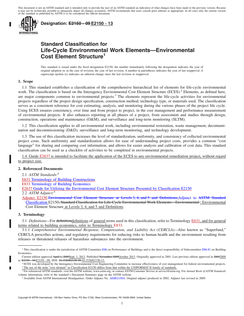 REDLINE ASTM E2150-13 - Standard Classification for  Life-Cycle Environmental Work Elements&mdash;Environmental  Cost Element Structure