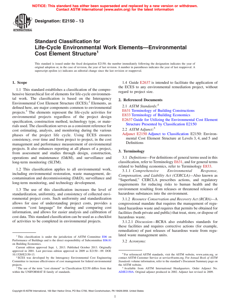 ASTM E2150-13 - Standard Classification for  Life-Cycle Environmental Work Elements&mdash;Environmental  Cost Element Structure