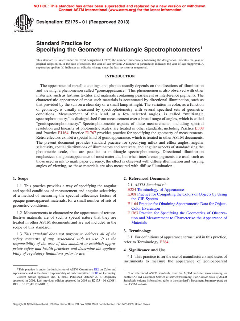 ASTM E2175-01(2013) - Standard Practice for Specifying the Geometry of Multiangle Spectrophotometers