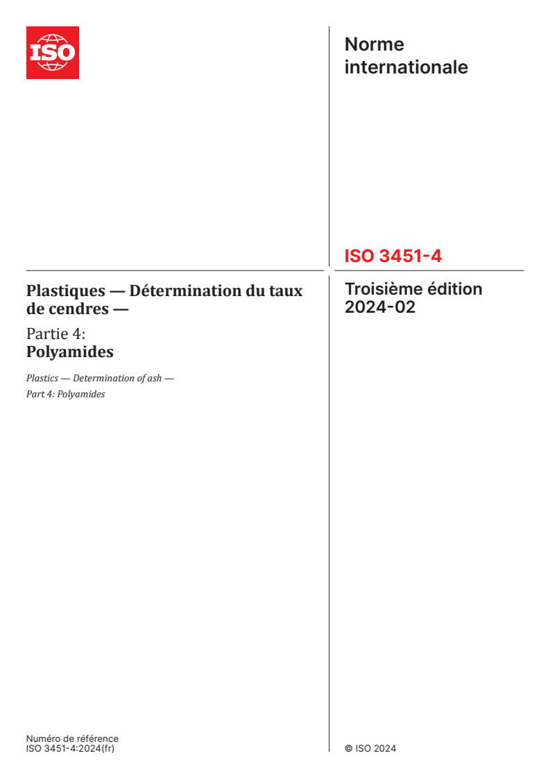 ISO 3451-4:2024 - Plastiques — Détermination du taux de cendres — Partie 4: Polyamides
Released:29. 02. 2024