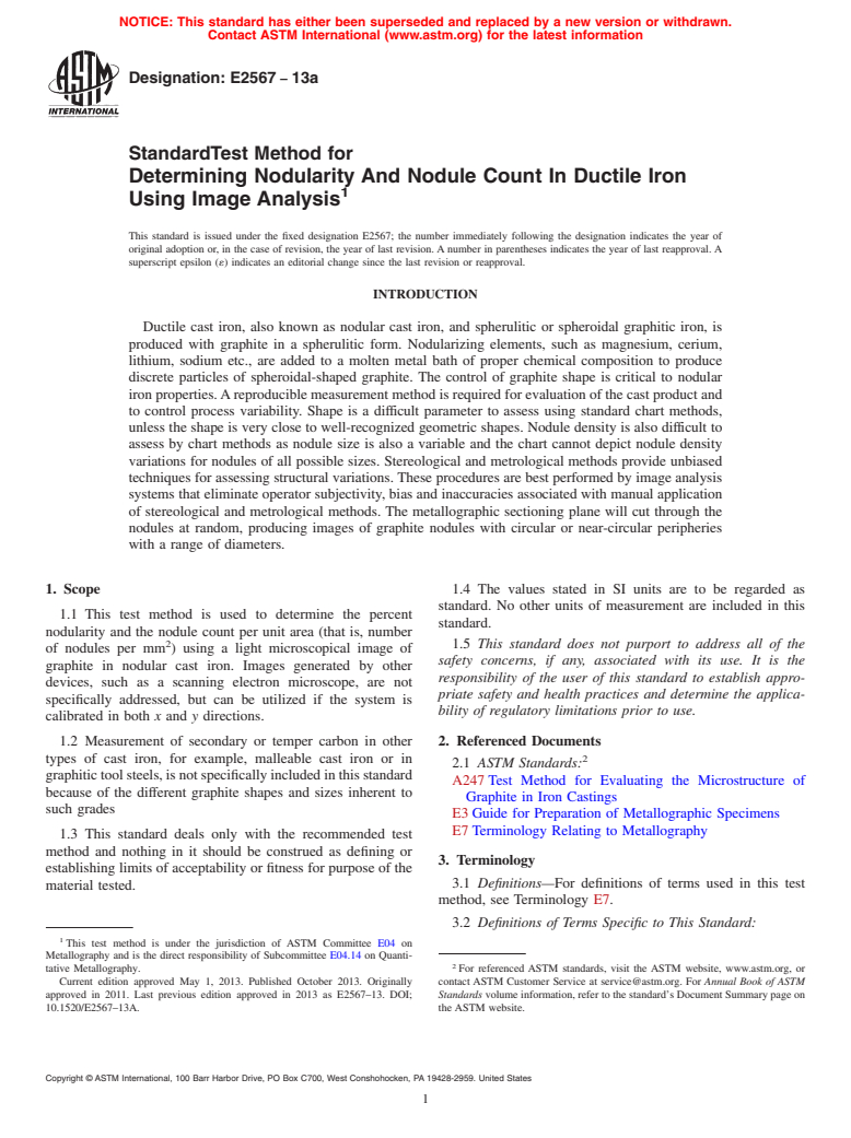 ASTM E2567-13a - Standard Test Method for  Determining Nodularity And Nodule Count In Ductile Iron Using  Image Analysis