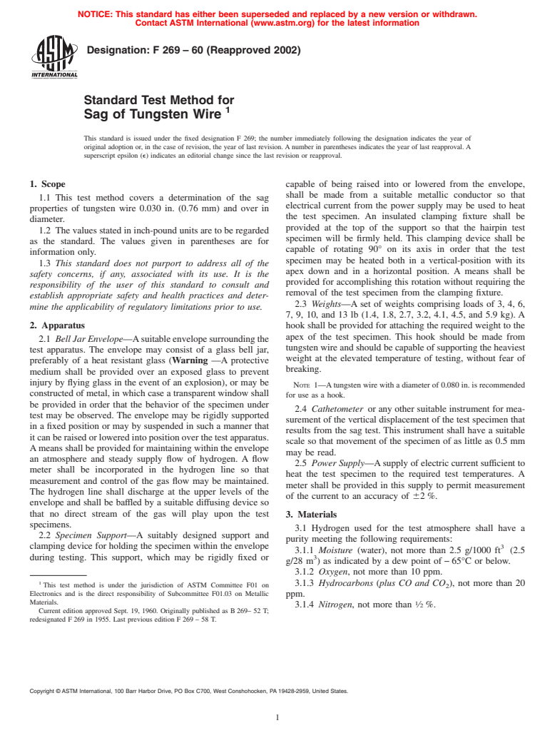 ASTM F269-60(2002) - Standard Test Method for Sag of Tungsten Wire