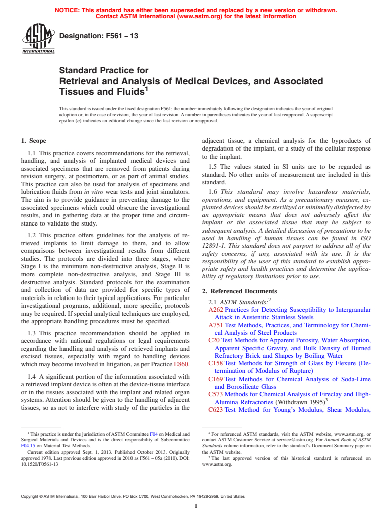 ASTM F561-13 - Standard Practice for  Retrieval and Analysis of Medical Devices, and Associated Tissues  and Fluids