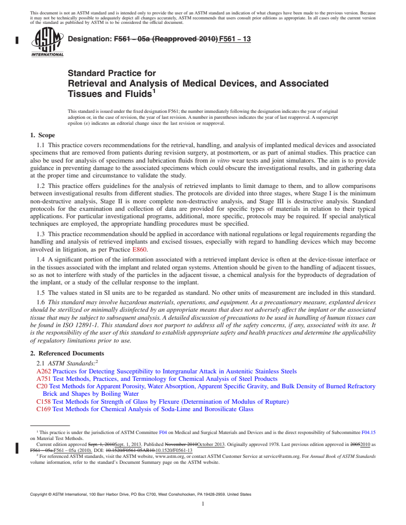 REDLINE ASTM F561-13 - Standard Practice for  Retrieval and Analysis of Medical Devices, and Associated Tissues  and Fluids