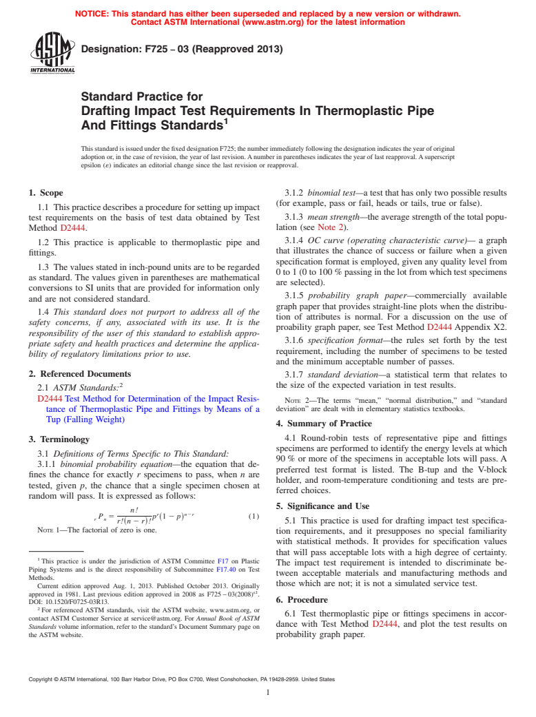 ASTM F725-03(2013) - Standard Practice for  Drafting Impact Test Requirements In Thermoplastic Pipe And  Fittings Standards