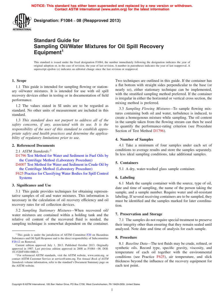 ASTM F1084-08(2013) - Standard Guide for  Sampling Oil/Water Mixtures for Oil Spill Recovery Equipment