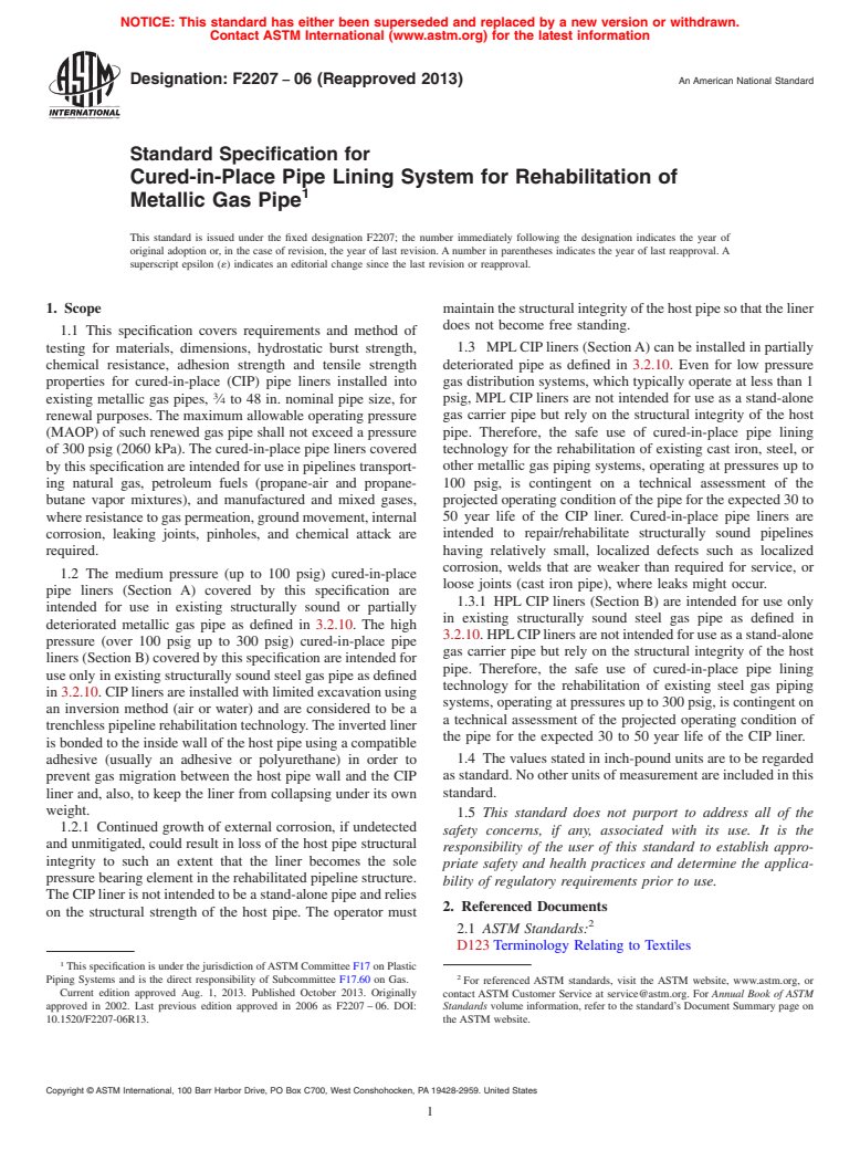 ASTM F2207-06(2013) - Standard Specification for  Cured-in-Place Pipe Lining System for Rehabilitation of Metallic   Gas Pipe