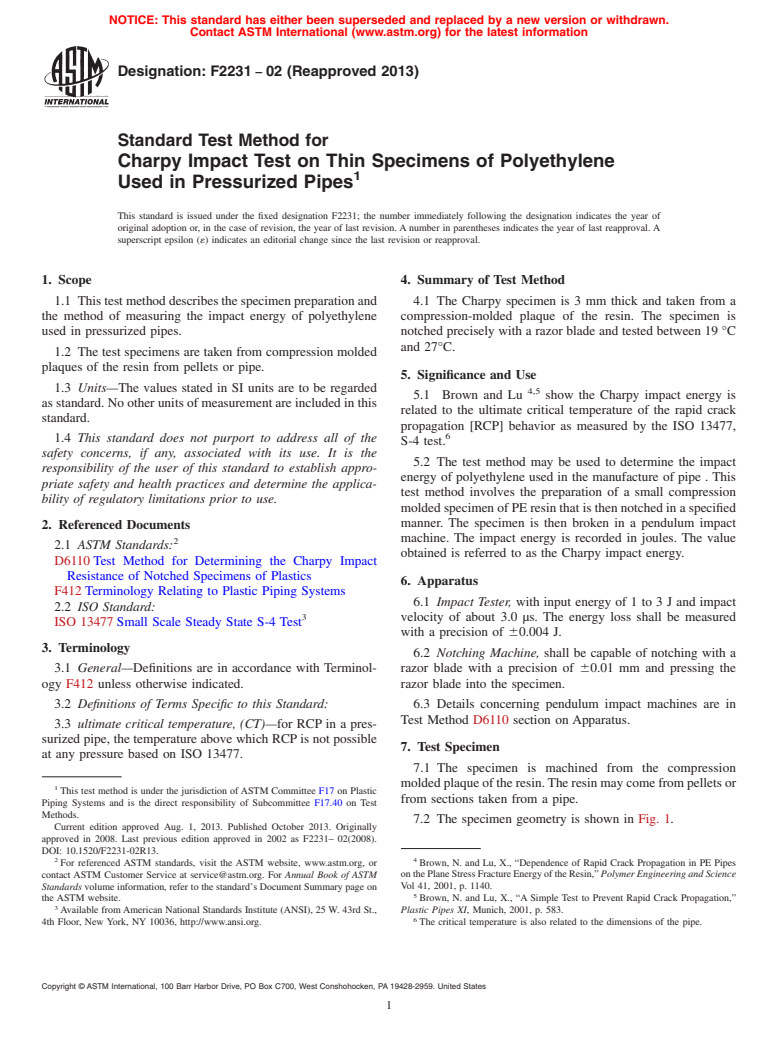 ASTM F2231-02(2013) - Standard Test Method for  Charpy Impact Test on Thin Specimens of Polyethylene Used in  Pressurized Pipes