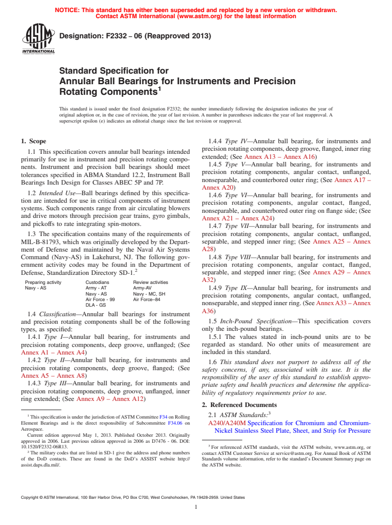 ASTM F2332-06(2013) - Standard Specification for  Annular Ball Bearings for Instruments and Precision Rotating  Components