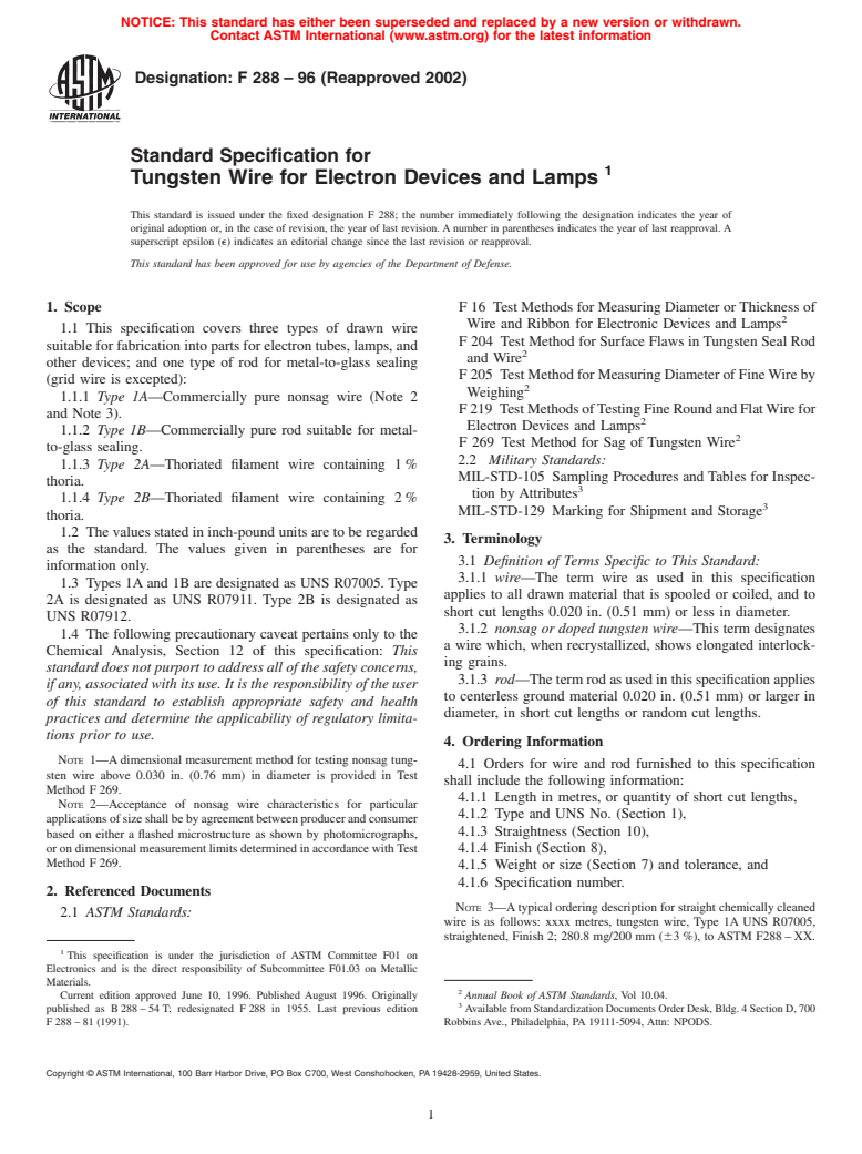 ASTM F288-96(2002) - Standard Specification for Tungsten Wire for Electron Devices and Lamps