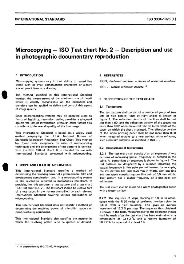 ISO 3334:1976 - Microcopying -- ISO Test chart No. 2 -- Description and use in photographic documentary reproduction