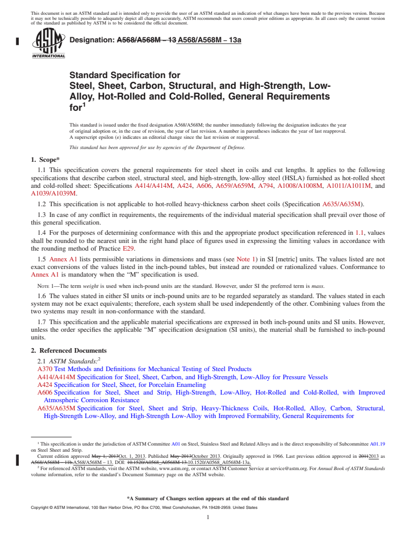 REDLINE ASTM A568/A568M-13a - Standard Specification for  Steel, Sheet, Carbon, Structural, and High-Strength, Low-Alloy,   Hot-Rolled and Cold-Rolled, General Requirements for