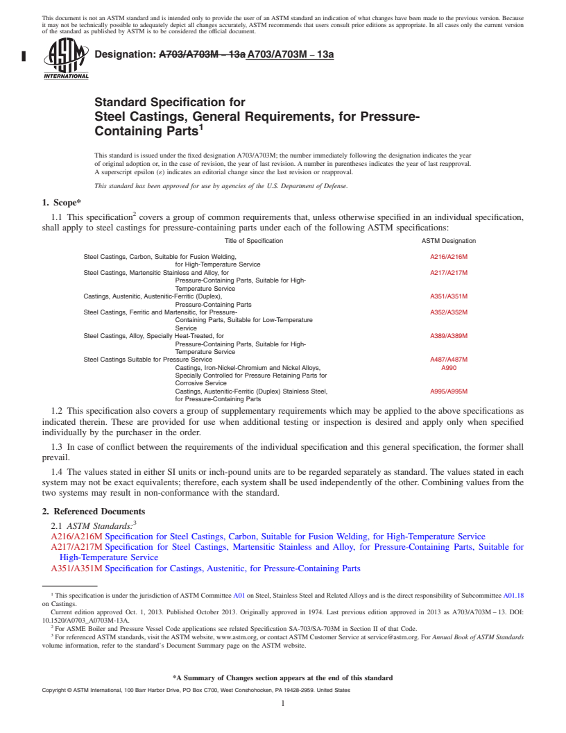 REDLINE ASTM A703/A703M-13a - Standard Specification for  Steel Castings, General Requirements, for Pressure-Containing  Parts