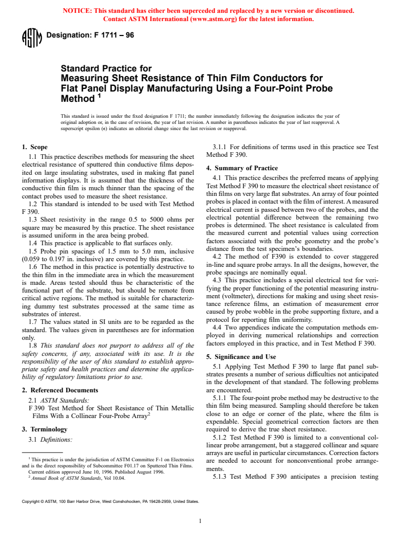 ASTM F1711-96 - Standard Practice for Measuring Sheet Resistance of Thin Film Conductors for Flat Panel Display Manufacturing Using a Four-Point Probe