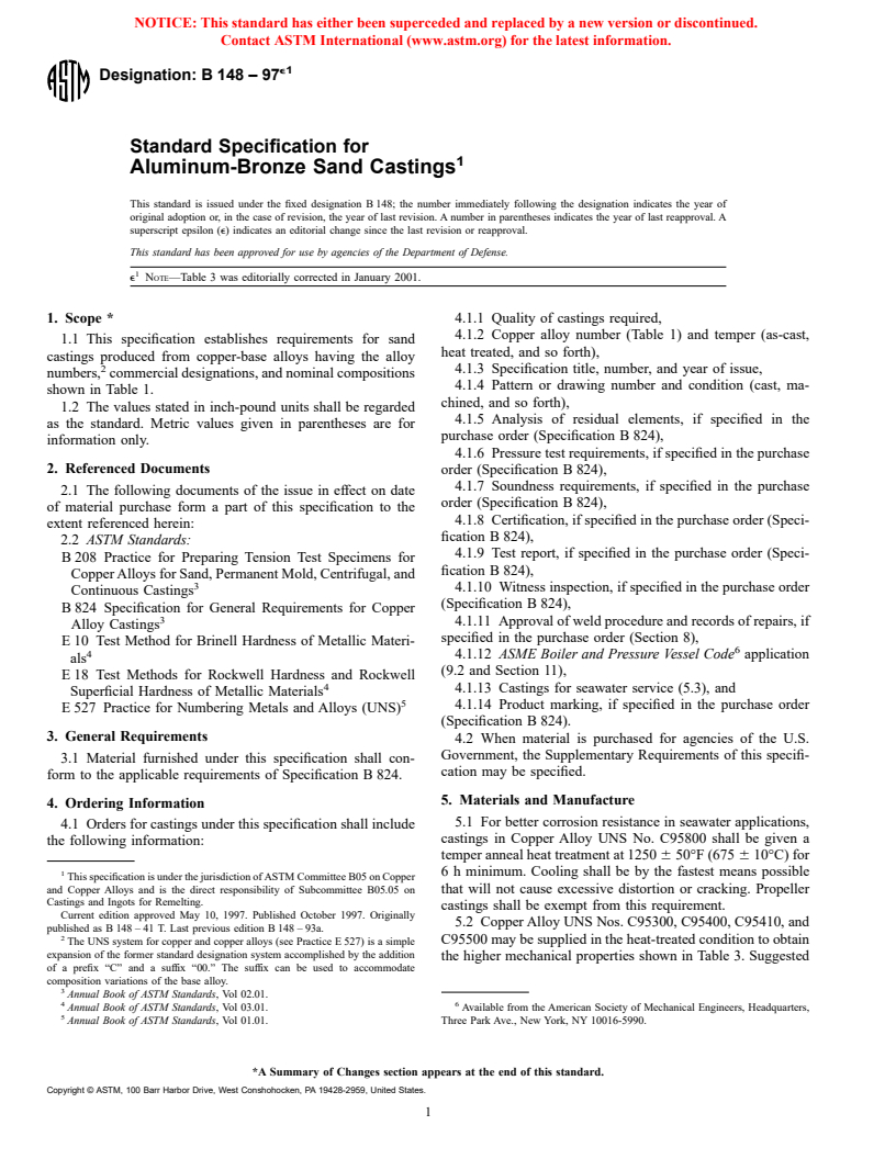 ASTM B148-97e1 - Standard Specification for Aluminum-Bronze Sand Castings