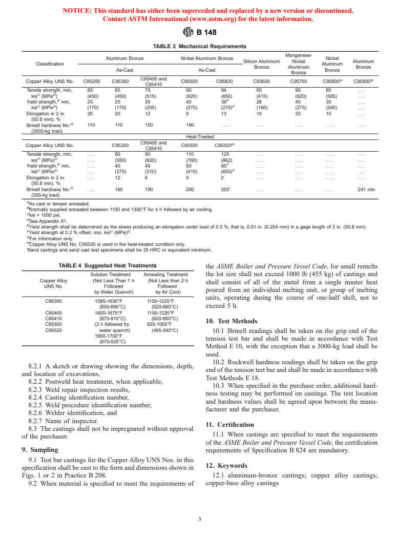 ASTM B148-97e1 - Standard Specification for Aluminum-Bronze Sand Castings