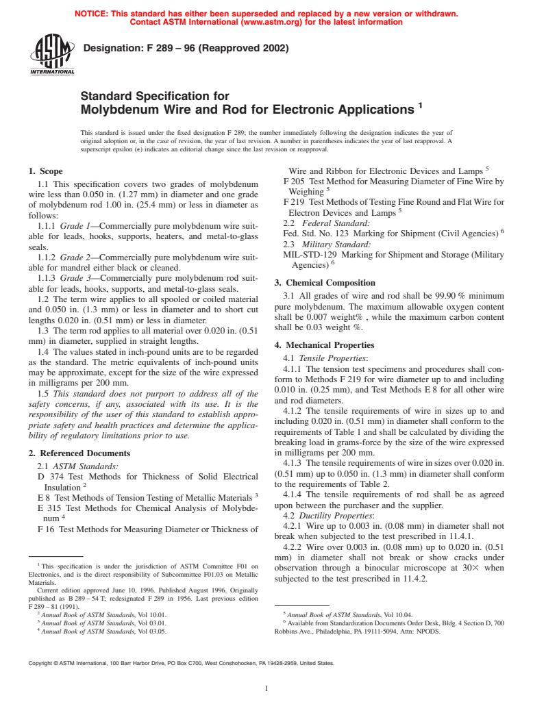 ASTM F289-96(2002) - Standard Specification for Molybdenum Wire and Rod for Electronic Applications