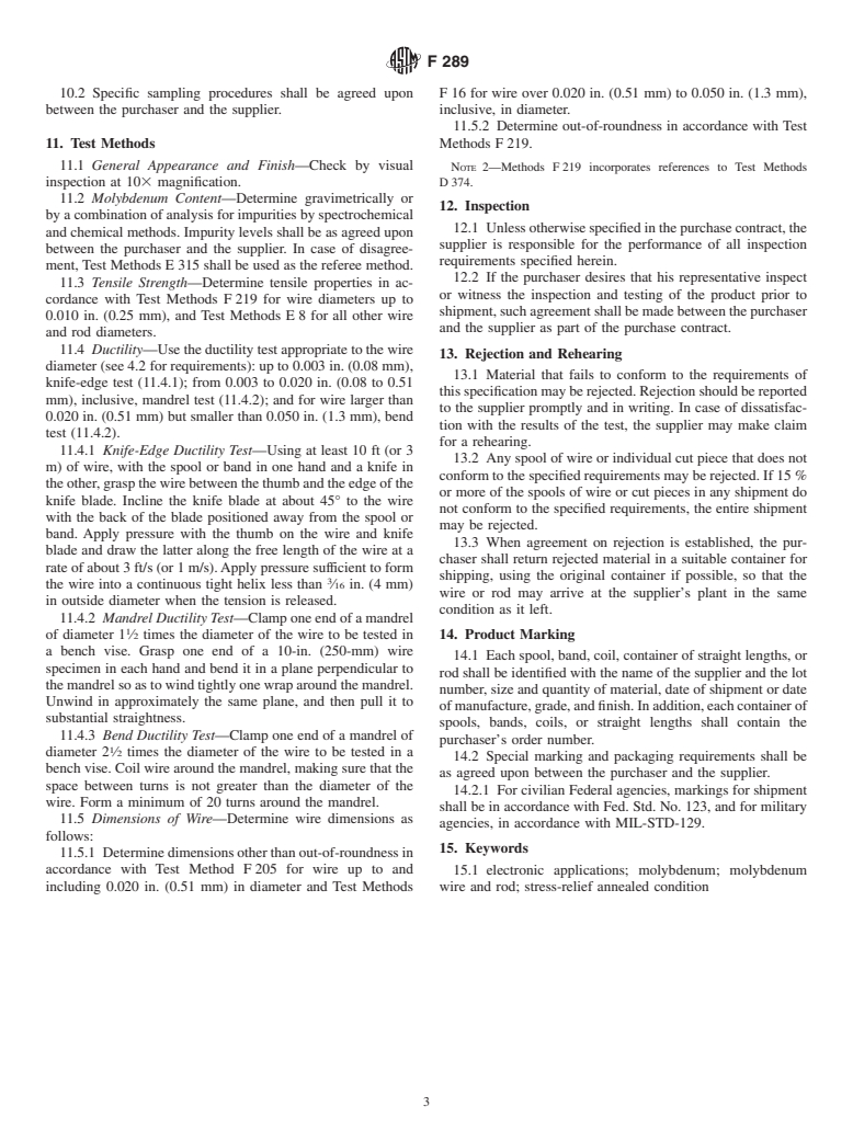 ASTM F289-96(2002) - Standard Specification for Molybdenum Wire and Rod for Electronic Applications