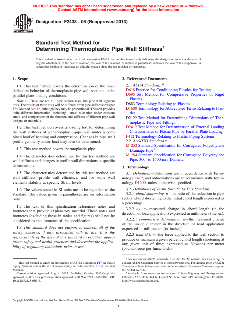 ASTM F2433-05(2013) - Standard Test Method for  Determining Thermoplastic Pipe Wall Stiffness