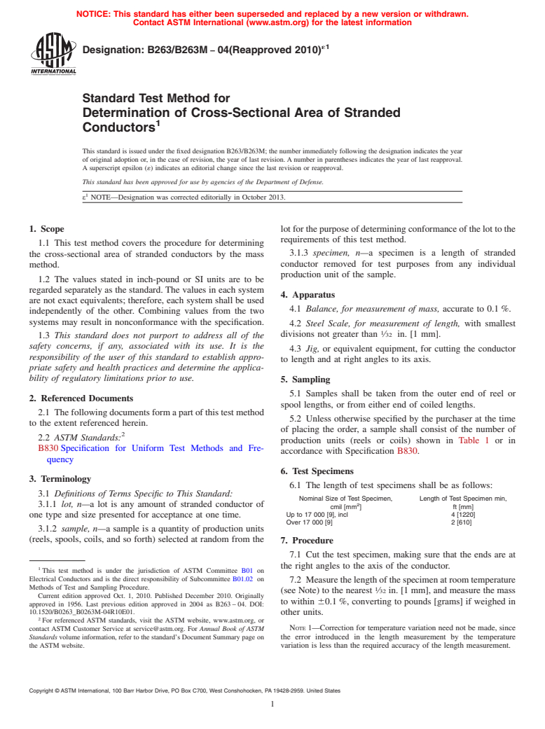 ASTM B263/B263M-04(2010)e1 - Standard Test Method for Determination of Cross-Sectional Area of Stranded Conductors