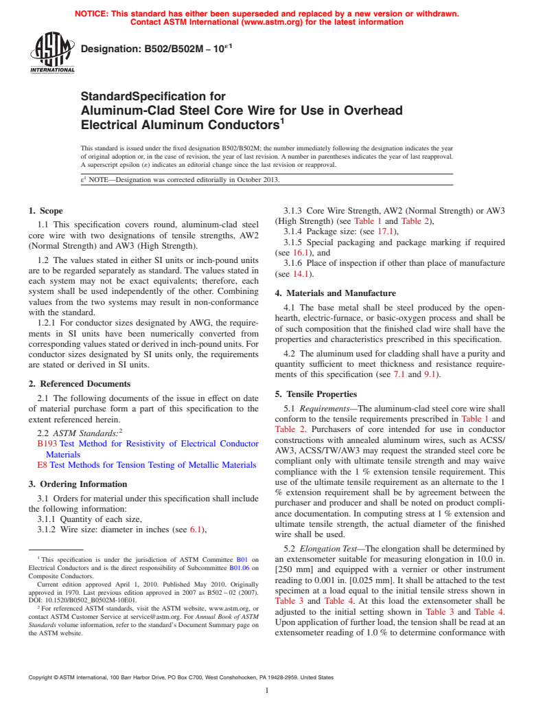 ASTM B502/B502M-10e1 - Standard Specification for  Aluminum-Clad Steel Core Wire for Use in Overhead Electrical Aluminum Conductors