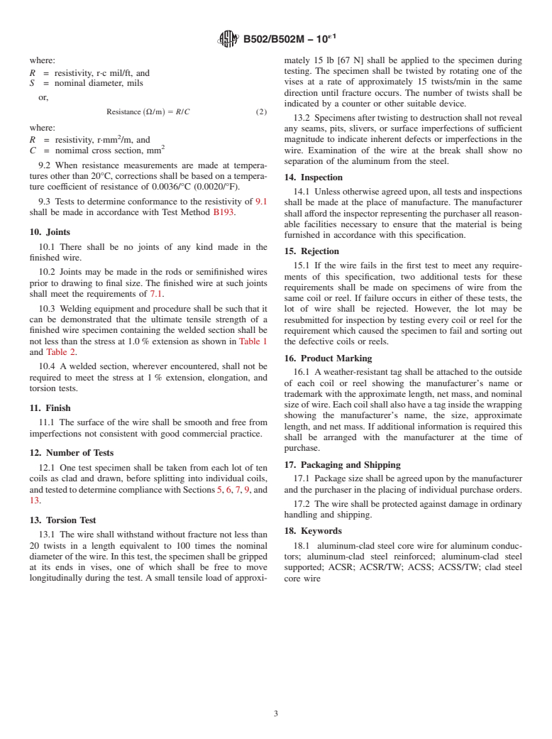 ASTM B502/B502M-10e1 - Standard Specification for  Aluminum-Clad Steel Core Wire for Use in Overhead Electrical Aluminum Conductors