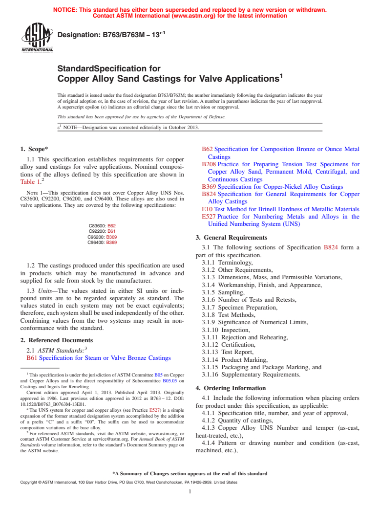 ASTM B763/B763M-13e1 - Standard Specification for Copper Alloy Sand Castings for Valve Applications