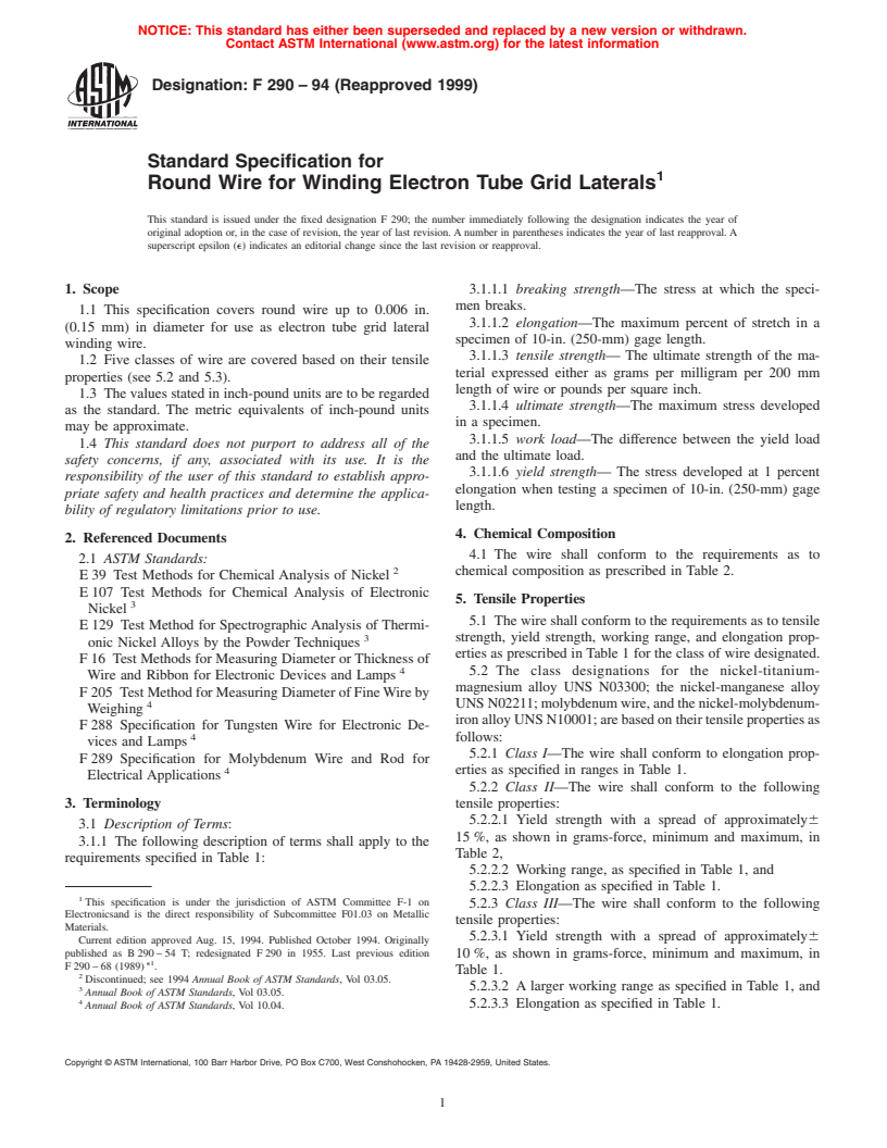 ASTM F290-94(1999) - Standard Specification for Round Wire for Winding Electron Tube Grid Laterals