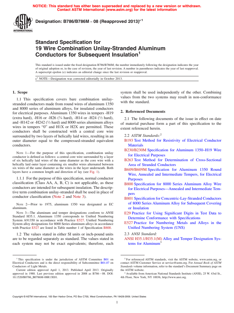 ASTM B786/B786M-08(2013)e1 - Standard Specification for 19 Wire Combination Unilay-Stranded Aluminum  Conductors for   Subsequent Insulation