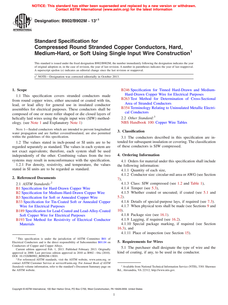 ASTM B902/B902M-13e1 - Standard Specification for Compressed Round Stranded Copper Conductors, Hard, Medium-Hard,   or Soft Using Single Input Wire Construction
