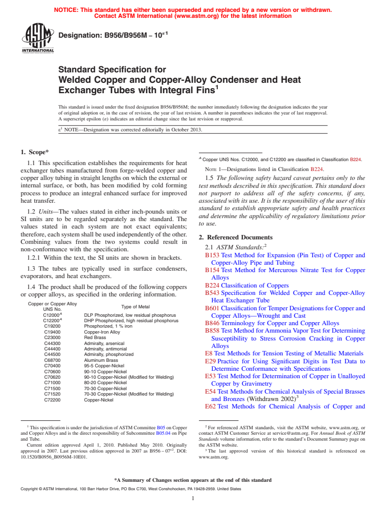 ASTM B956/B956M-10e1 - Standard Specification for Welded Copper and Copper-Alloy Condenser and Heat Exchanger Tubes with Integral Fins (Withdrawn 2019)