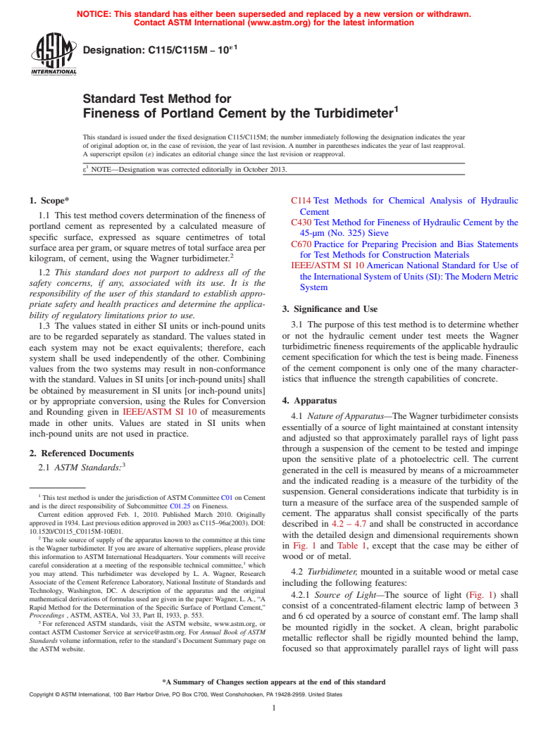 ASTM C115/C115M-10e1 - Standard Test Method for Fineness of Portland Cement by the Turbidimeter (Withdrawn 2018)