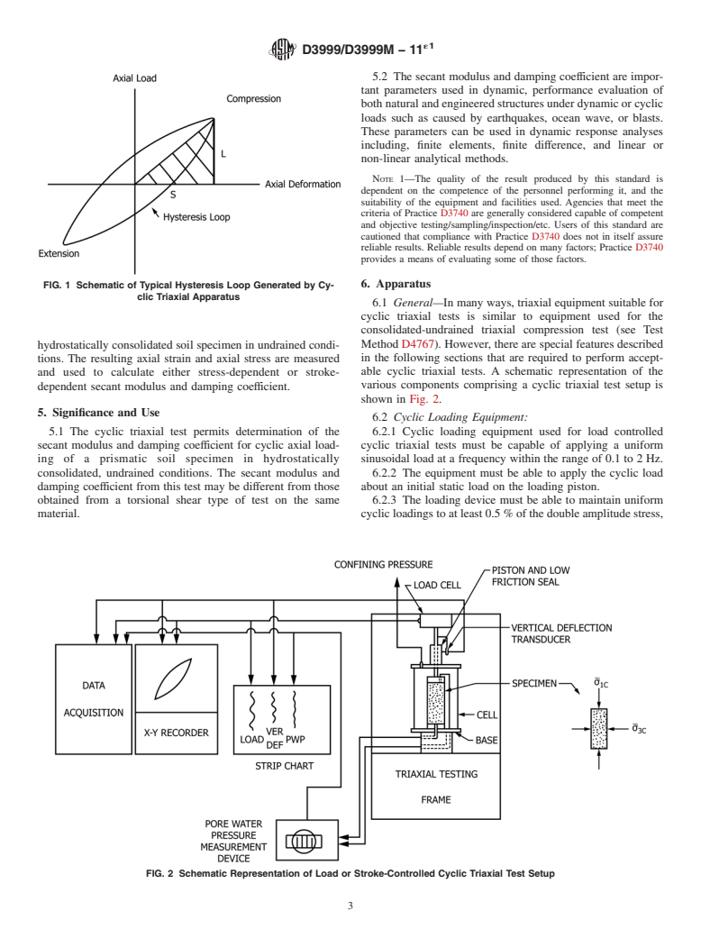 ASTM D3999/D3999M-11e1 - Standard Test Methods for the Determination of the Modulus and Damping Properties of Soils Using the Cyclic Triaxial Apparatus (Withdrawn 2020)