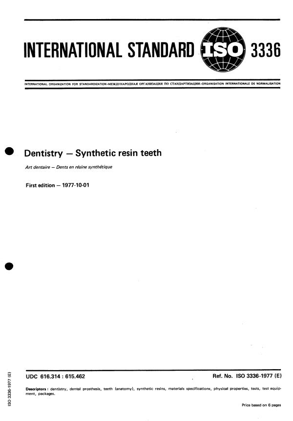 ISO 3336:1977 - Dentistry -- Synthetic resin teeth