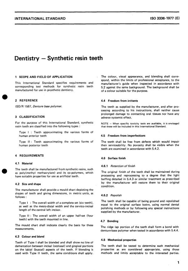 ISO 3336:1977 - Dentistry -- Synthetic resin teeth