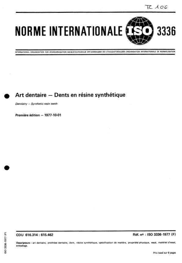 ISO 3336:1977 - Art dentaire -- Dents en résine synthétique