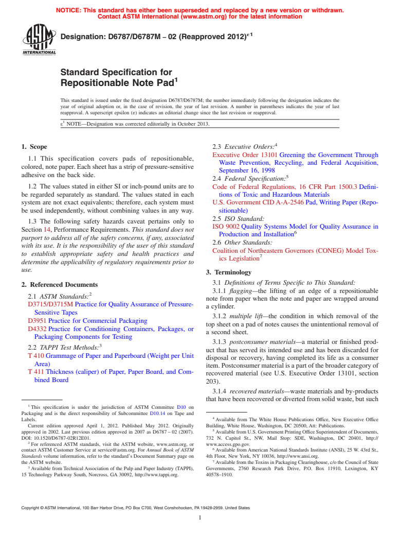 ASTM D6787/D6787M-02(2012)e1 - Standard Specification for Repositionable Note Pad