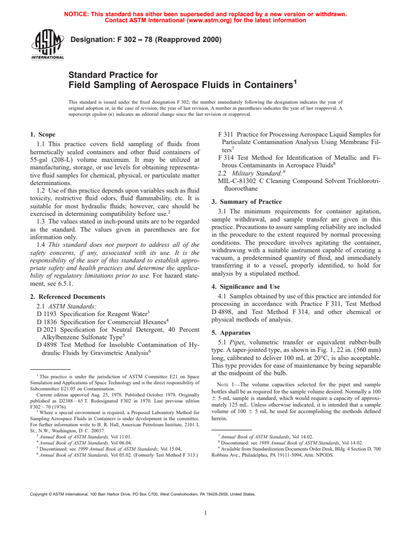 ASTM F302-78(2000) - Standard Practice for Field Sampling of Aerospace Fluids in Containers