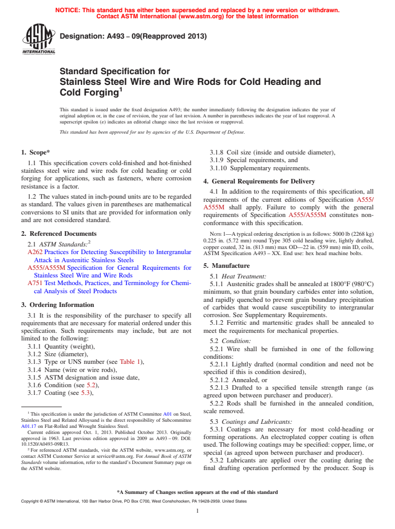 ASTM A493-09(2013) - Standard Specification for  Stainless Steel Wire and Wire Rods for Cold Heading and Cold  Forging