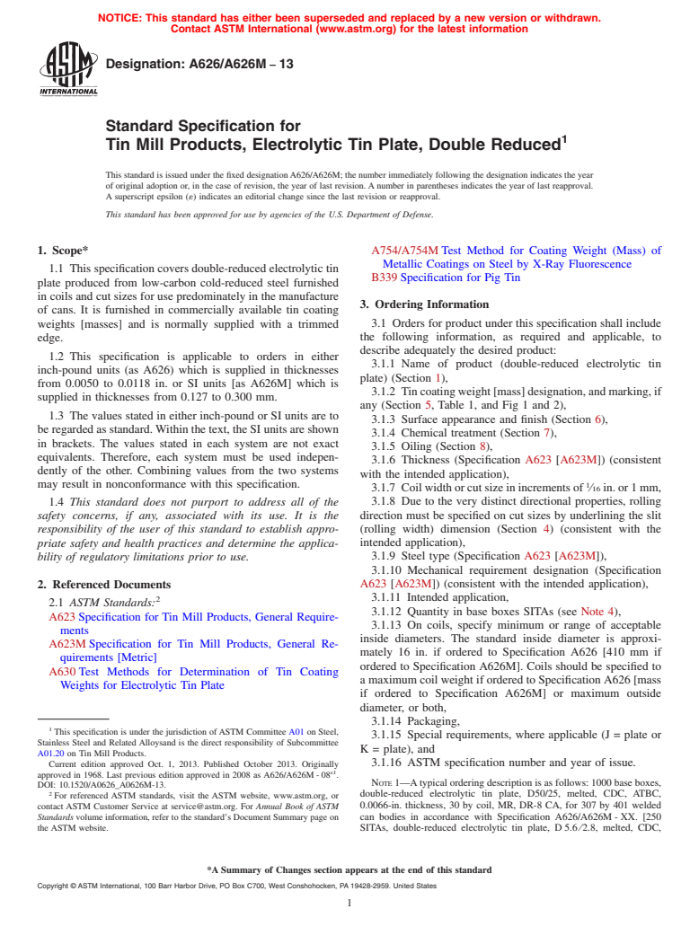 ASTM A626/A626M-13 - Standard Specification for  Tin Mill Products, Electrolytic Tin Plate, Double Reduced