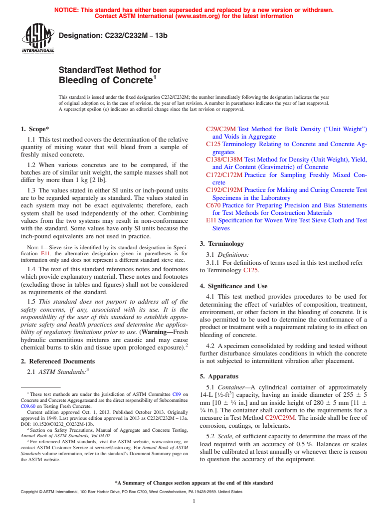 ASTM C232/C232M-13b - Standard Test Method for  Bleeding of Concrete