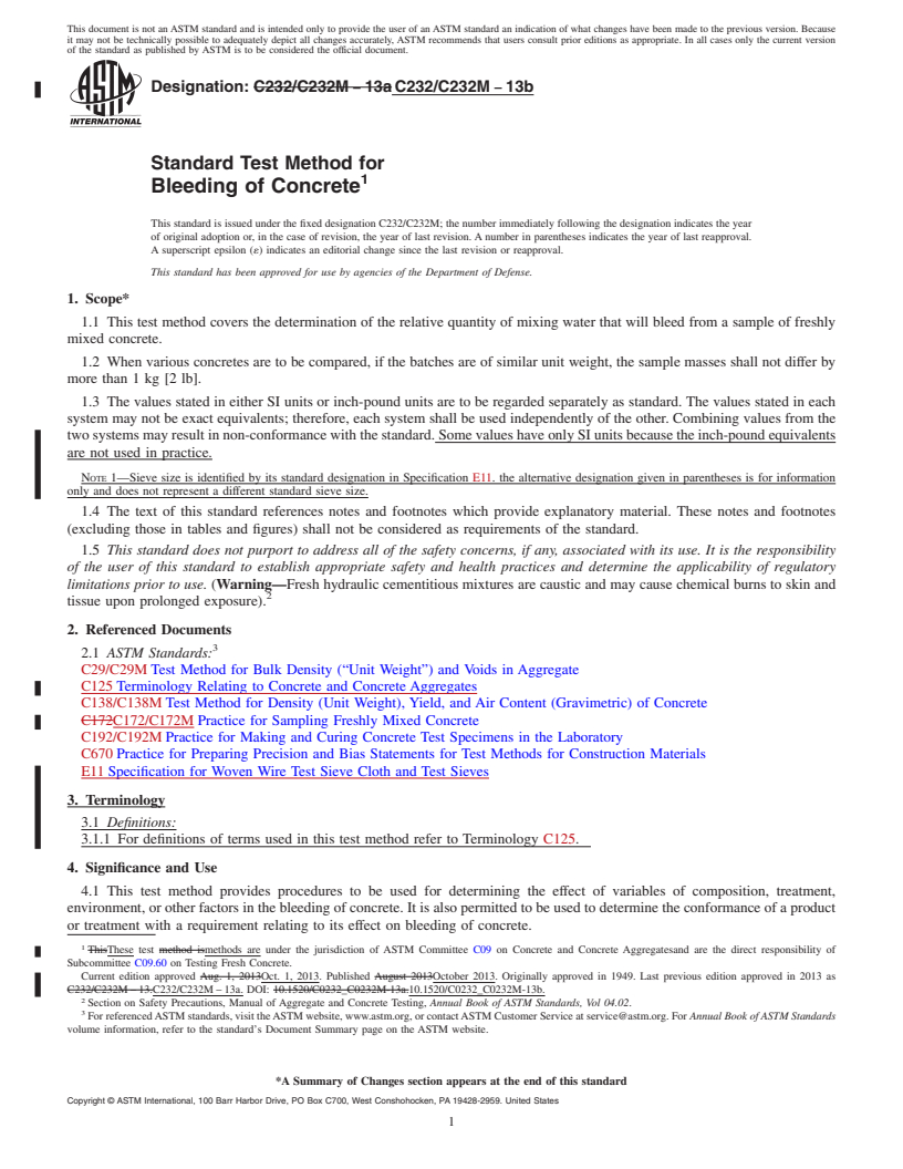 REDLINE ASTM C232/C232M-13b - Standard Test Method for  Bleeding of Concrete