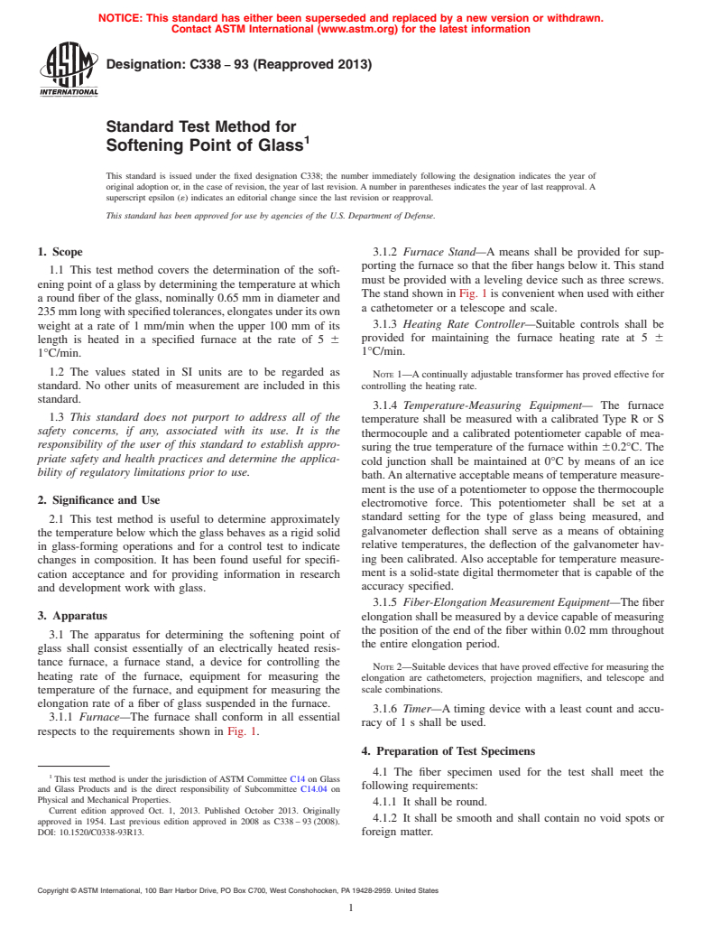 ASTM C338-93(2013) - Standard Test Method for  Softening Point of Glass