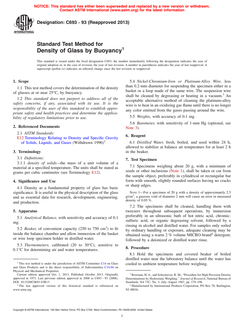 ASTM C693-93(2013) - Standard Test Method for  Density of Glass by Buoyancy