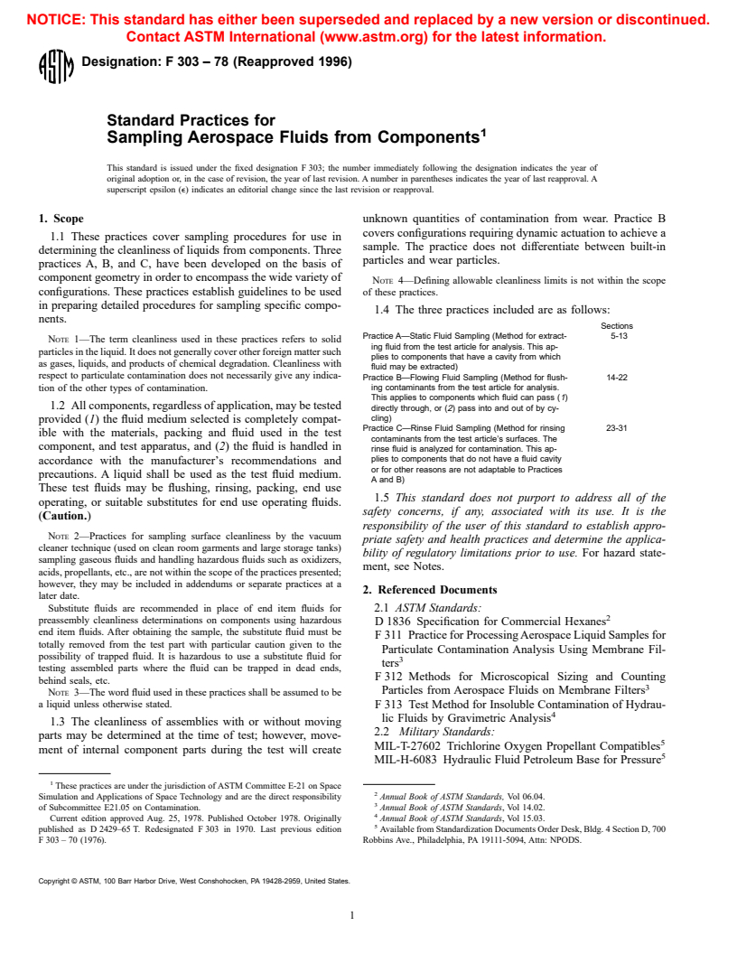 ASTM F303-78(1996) - Standard Practices for Sampling Aerospace Fluids from Components