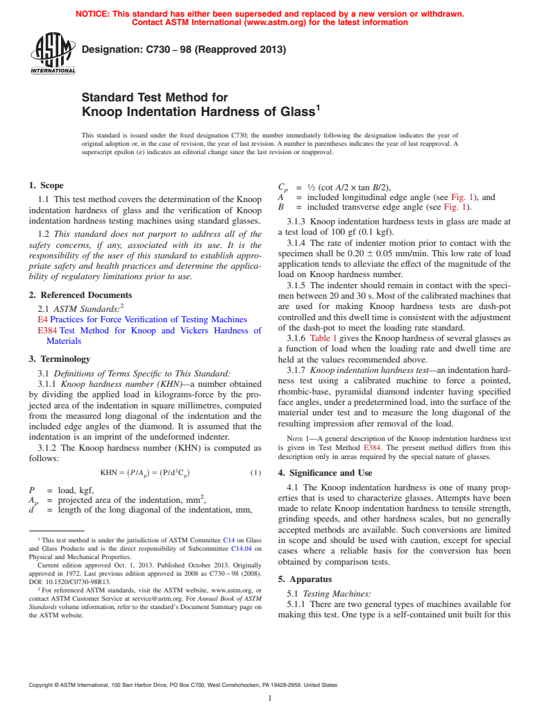 ASTM C730-98(2013) - Standard Test Method for<brk type="line"/>  Knoop Indentation Hardness of Glass