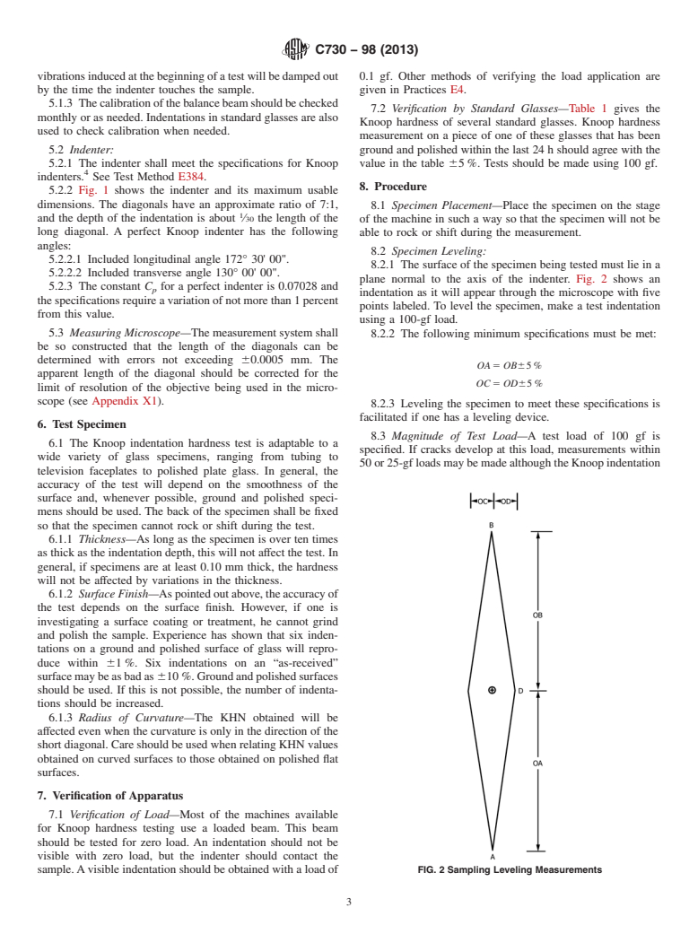 ASTM C730-98(2013) - Standard Test Method for<brk type="line"/>  Knoop Indentation Hardness of Glass