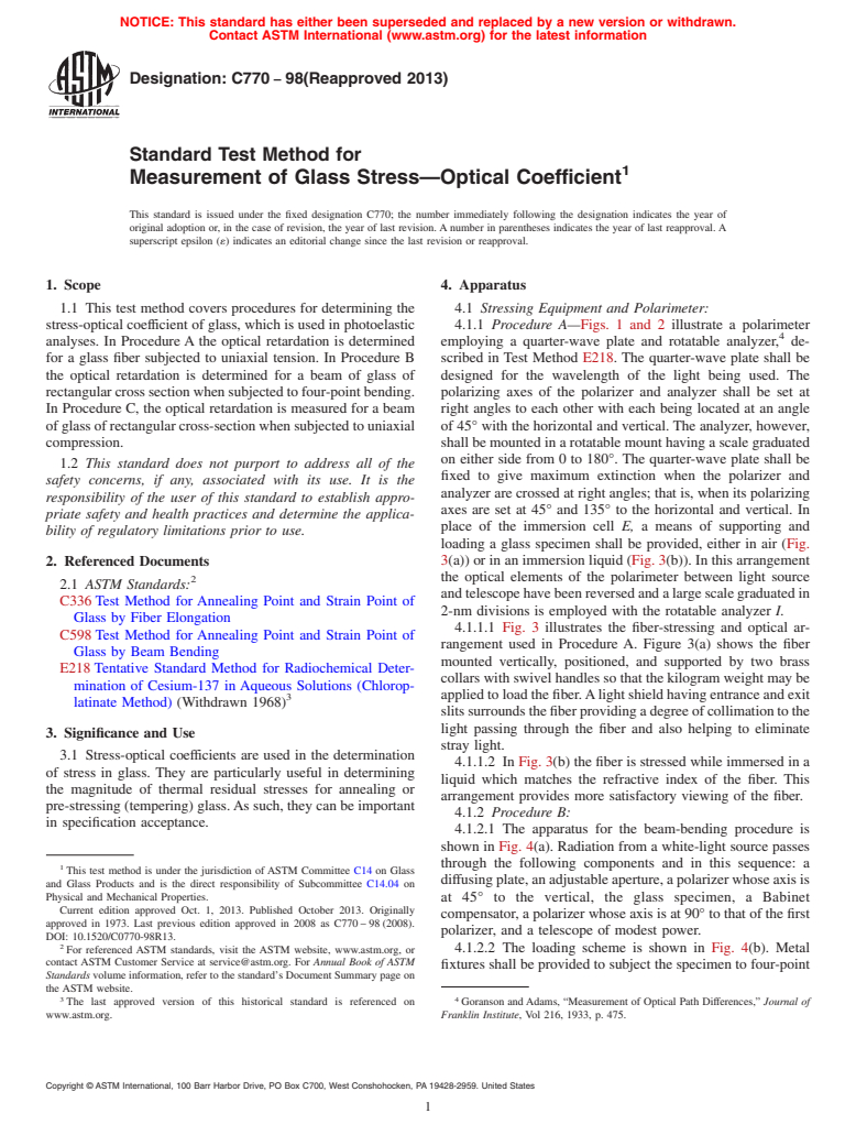 ASTM C770-98(2013) - Standard Test Method for<brk type="line"/>  Measurement of Glass Stress&mdash;Optical Coefficient