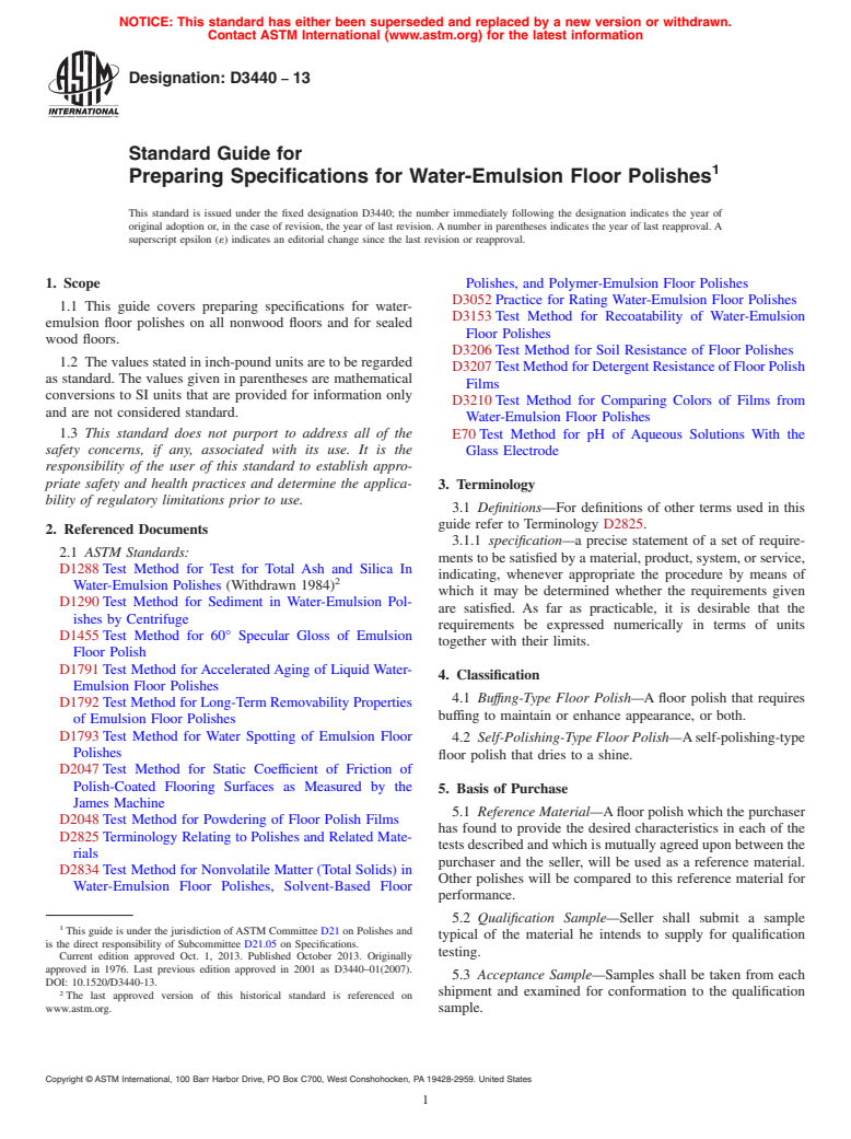 ASTM D3440-13 - Standard Guide for  Preparing Specifications for Water-Emulsion Floor Polishes