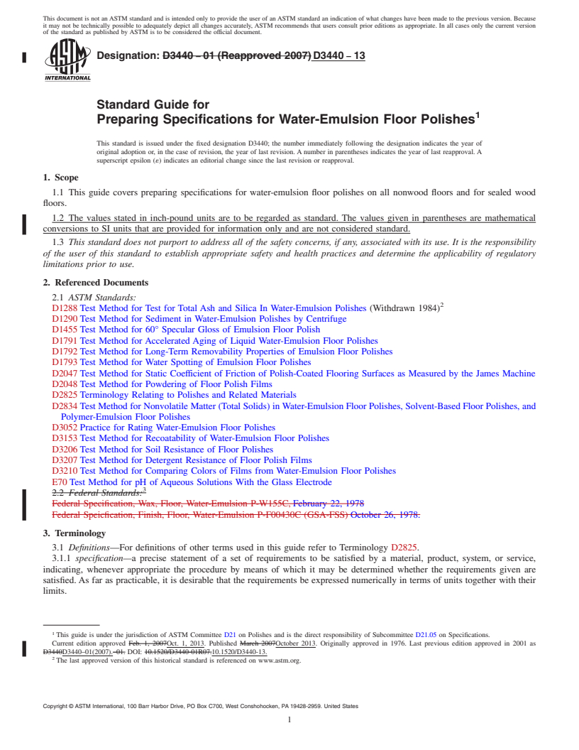 REDLINE ASTM D3440-13 - Standard Guide for  Preparing Specifications for Water-Emulsion Floor Polishes